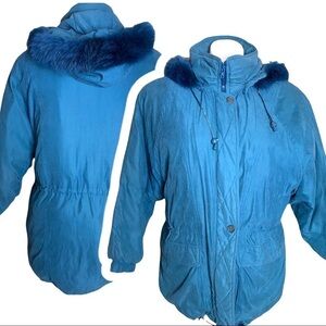 Vintage John Weitz Coat Down FOX FUR Trim Size XL Teal